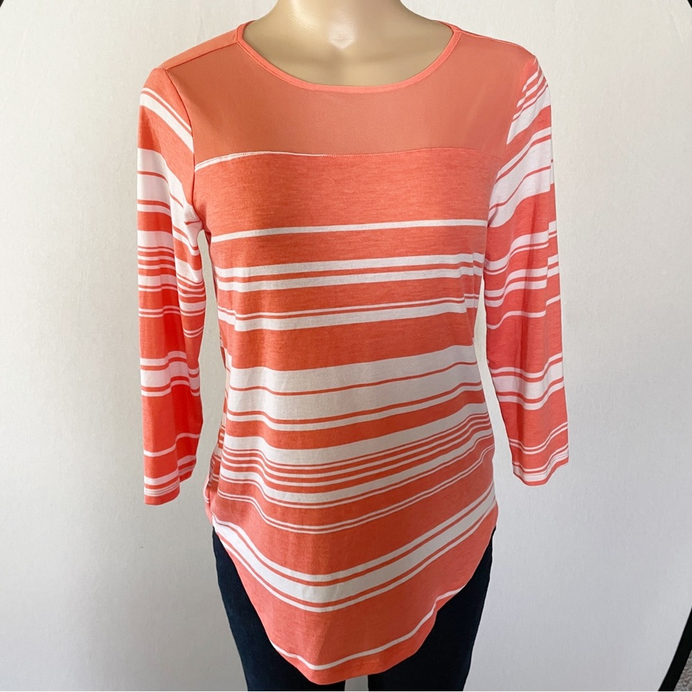 Bobbie Brooks Blouse Top S Peach White Stripe Print Polyester Stretch